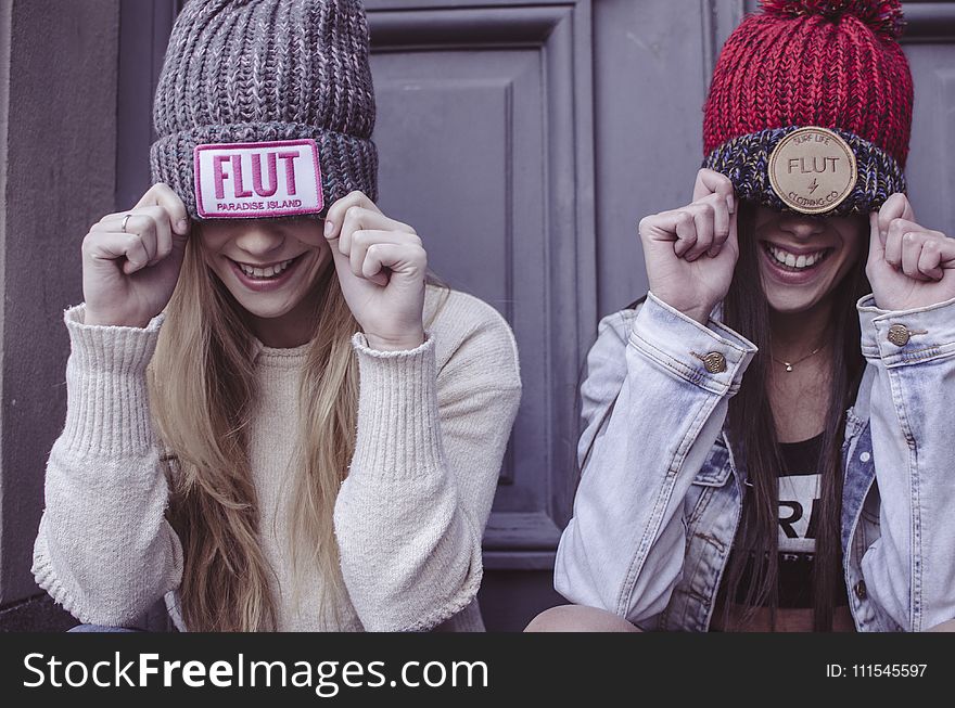 Two Women&x27;s Gray And Red Flut Knit Caps