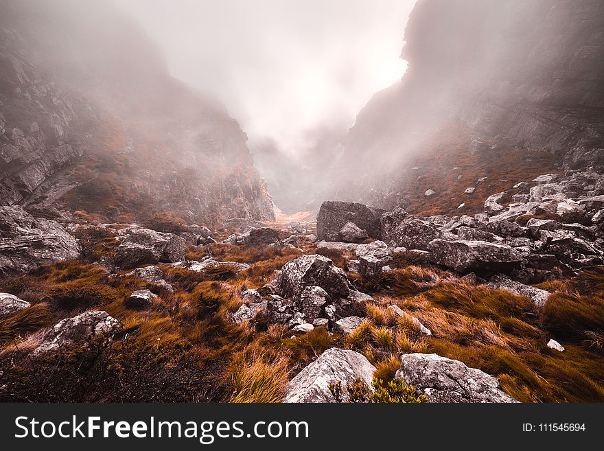 Gray Stones In Grassy Mountains During Foggy Day