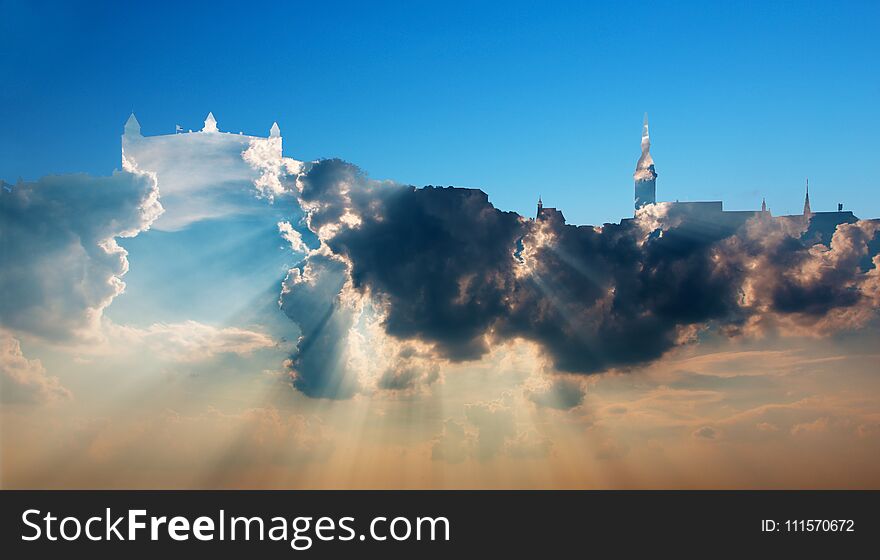 The symbolic silhouette of Bratislava in sunset clouds