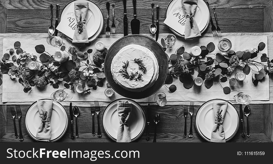 Cake With Five Plates Grayscale Photo