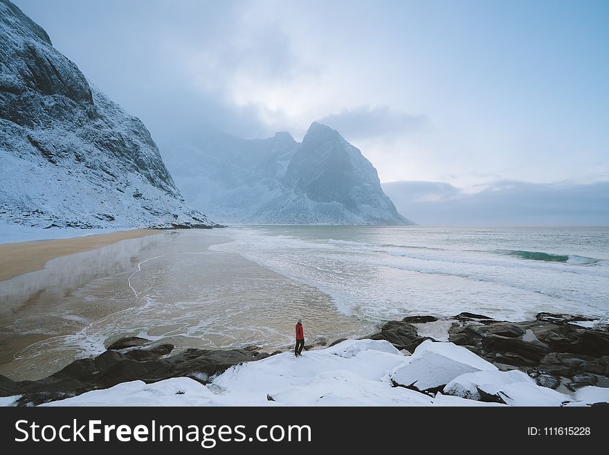 Person Wearing Red Jacket On Seashore