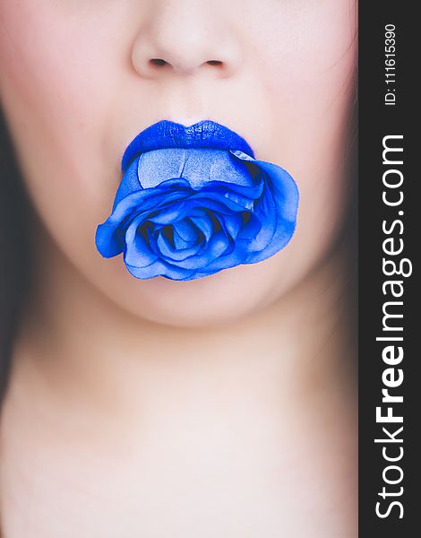 Blue Rose Flower On Woman&x27;s Mouth