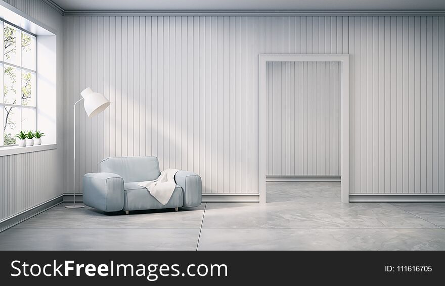 Scandinavian style , interior design,light gray sofa with lamp on white wall and concrete flooring , 3d render. Scandinavian style , interior design,light gray sofa with lamp on white wall and concrete flooring , 3d render