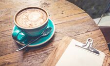 Cup Of Coffee With Latte Top View On Wooden Table Royalty Free Stock Photos