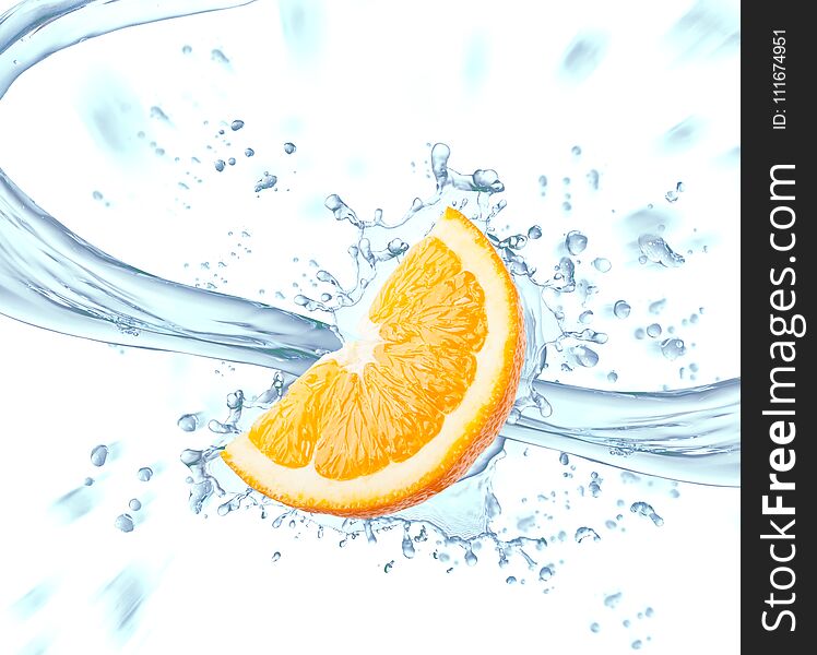 Orange slice and spray of blue water isolated on white background