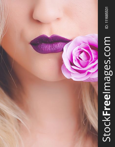 Portrait Photo Of Woman&x27;s Purple Matte Lipstick