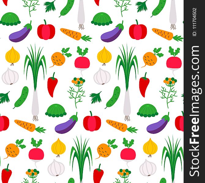 Pattern flat with vegetables. Vector illustration of food products on white.