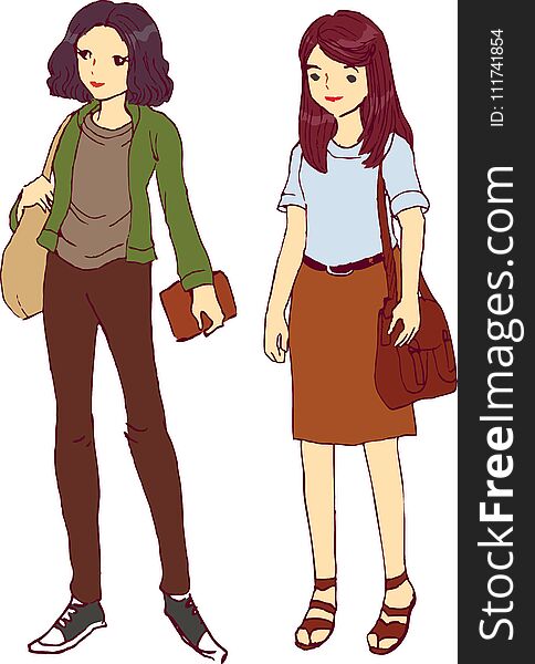 Two Young Girl Tomboy And Feminine Vector Illustration