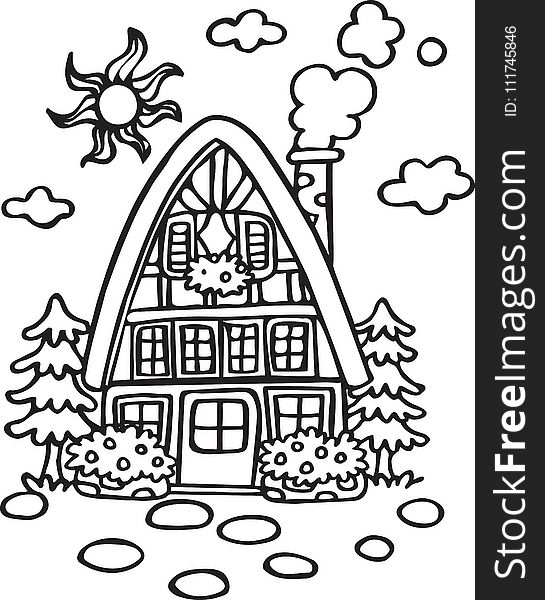 House at the Village Line Art Coloring Book Illustration and other print purpose sticker, poster, etc. EPS 10 format file.