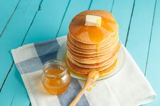 Close Up Of Stack Of Pancake With Honey And Butter Stock Image