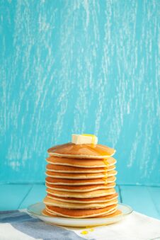 Stack Of Pancake With Honey And Butter On Top Royalty Free Stock Photography