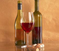 Still Life With Glass And Bottle Of Wine, Cheese And Grapes Royalty Free Stock Photos