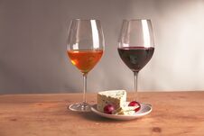 Still Life With Glass And Bottle Of Wine, Cheese And Grapes Royalty Free Stock Images