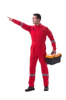 Contractor Worker In Red Coveralls With Toolbox Isolated On Whit Stock Photography