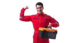 Contractor Worker In Red Coveralls With Toolbox Isolated On Whit Royalty Free Stock Image
