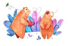 Watercolor Pair Of Bears , Bear Gift Heart For Other Bear Stock Images