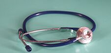 Medical Concept. Top View Of Stethoscope, Clipboard, Pen And Eye Glasses On Blue Background. Flat Lay And Copy Space Royalty Free Stock Photos