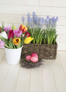 Easter. Pink Easter Eggs And Tulips Lie On A Wooden Background. Flat Lay. Stock Photography