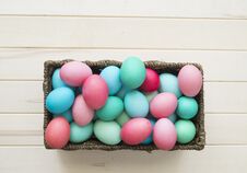 Easter.Pastel Colored Eggs.Spring Composition.Flat Ley. Stock Photo