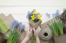 Children`s Hands Collect A Bouquet As A Gift. A Gift For Mom. Stock Photo