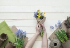 Children`s Hands Collect A Bouquet As A Gift. A Gift For Mom. Stock Photos