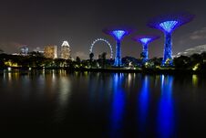 Night Shot Of Singapore Skyline With Gardens By The Bay Supertrees, Singapore Flyer And Hotels Reflected In Water Stock Photo Night Shot Of Singapore Skyline With Gardens By The Bay Supertrees, Singapore Flyer And Hotels Reflected In Water Stock Photo