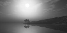 3D Foggy Landscape With Trees On Island In Grayscale Royalty Free Stock Photos