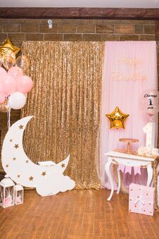 Children`s Photo Zone With A Wooden Month With Stars And A Lot Of Balloons. Decorations For A One Year Old Girl’s Birthday . Stock Image