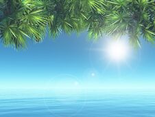 3D Tropical Landscape With Palm Tree Leaves Over Ocean Stock Image