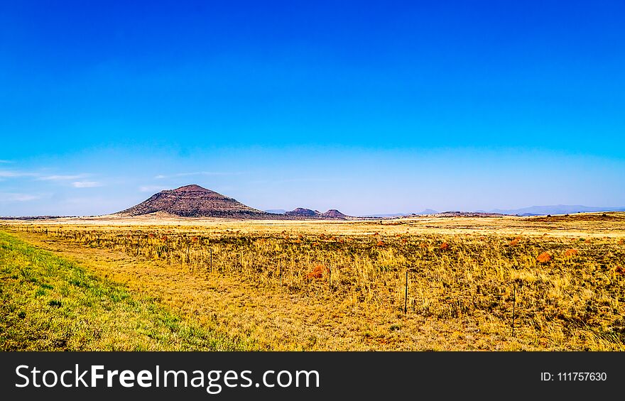 Endless wide open landscape of the semi desert Karoo Region in Free State and Eastern Cape provinces in South Africa under blue sky