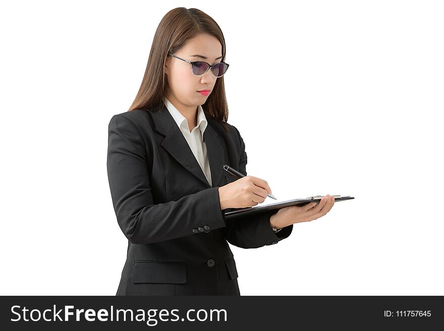 Business woman write on clipboard isolated on white background with clipping path