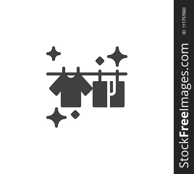 T-shirts hanging on a clothesline vector icon. filled flat sign for mobile concept and web design. Dried clean laundry simple solid icon. Symbol, logo illustration. Pixel perfect vector graphics