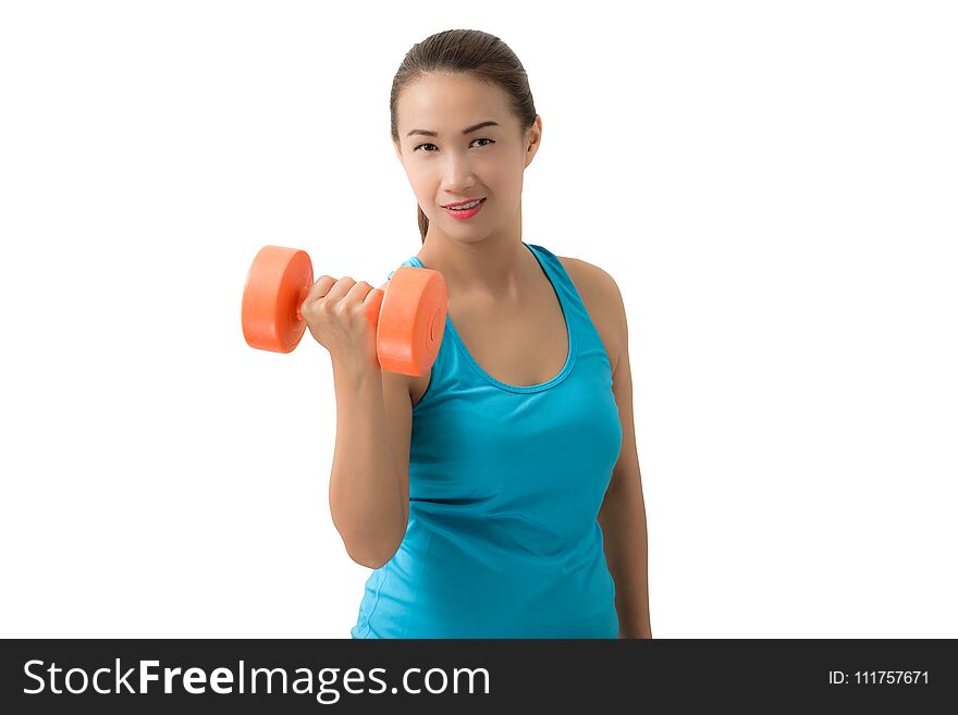 Woman exercising with a dumbbell weight isolated on white background with clipping path