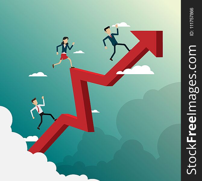 Business People Running On Arrow Go Path To Goal, Concept Vector