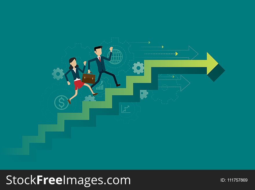 Business People Run On Up The Stairs Path To Goal. Vector Illustration