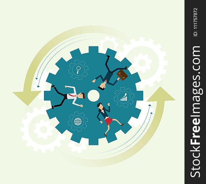 Three business people running inside gear wheel is teamwork to successfu. concept Vector illustration