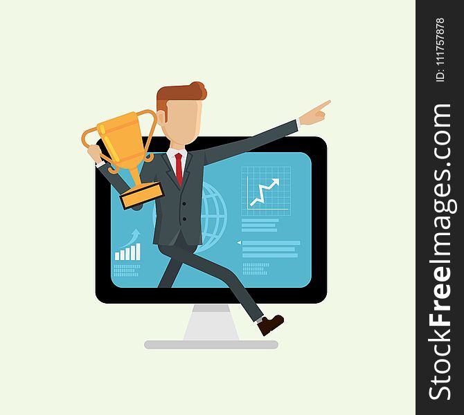 Businessman holding award running inside computer for successful. concepts vector illustration