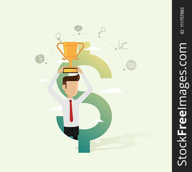 Businessman Holding Award In Dollar And Icon Set Business For Successful Concepts. Vector Illustration