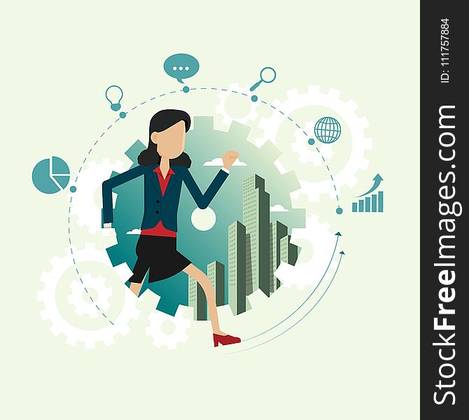 Businesswoman running inside gear wheel and icon set business for opportunities. concepts vector illustration