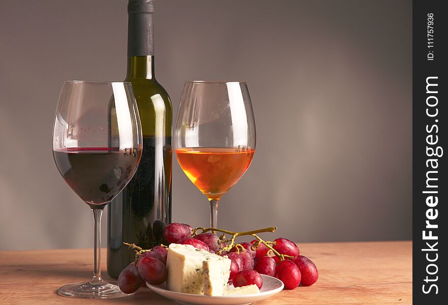 Still Life With Glass And Bottle Of Wine, Cheese And Grapes