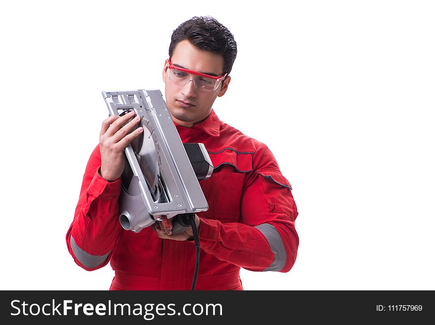 Male carpenter with circular saw in woodworking concept isolated