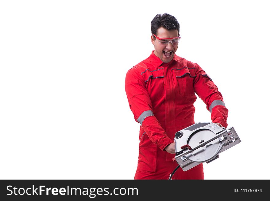 Male carpenter with circular saw in woodworking concept isolated