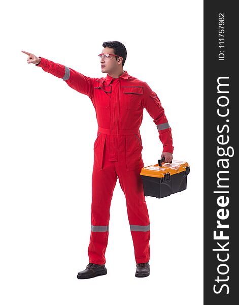 Contractor worker in red coveralls with toolbox isolated on whit