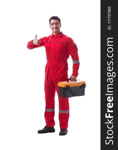 Contractor worker in red coveralls with toolbox isolated on white