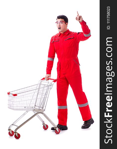 The repairman with shopping cart in industrial procurement concept