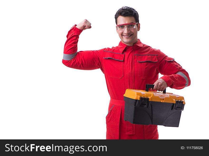 Contractor Worker In Red Coveralls With Toolbox Isolated On Whit