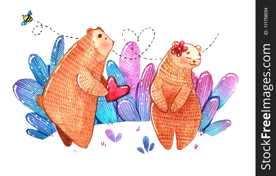 Watercolor pair of bears , bear gift heart for other bear