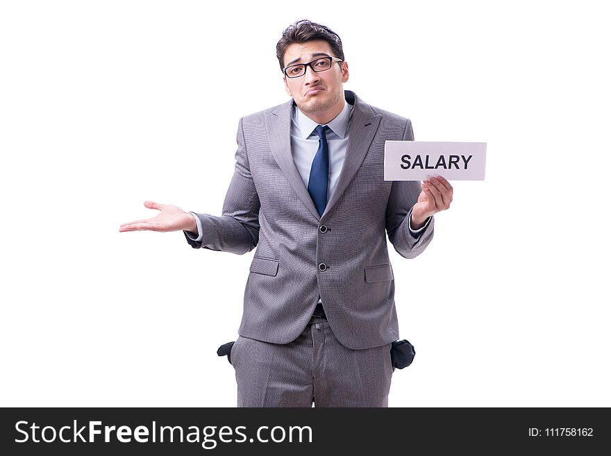 Businessman asking for salary increase isolated on white background