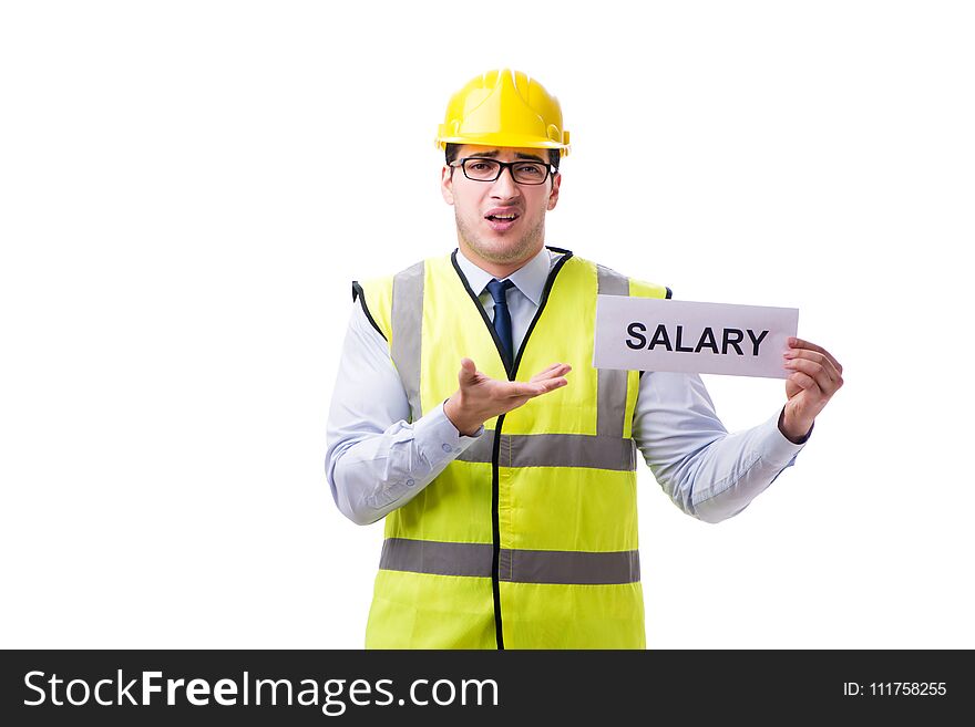 Construction supervisor asking for higher salary isolated on white background