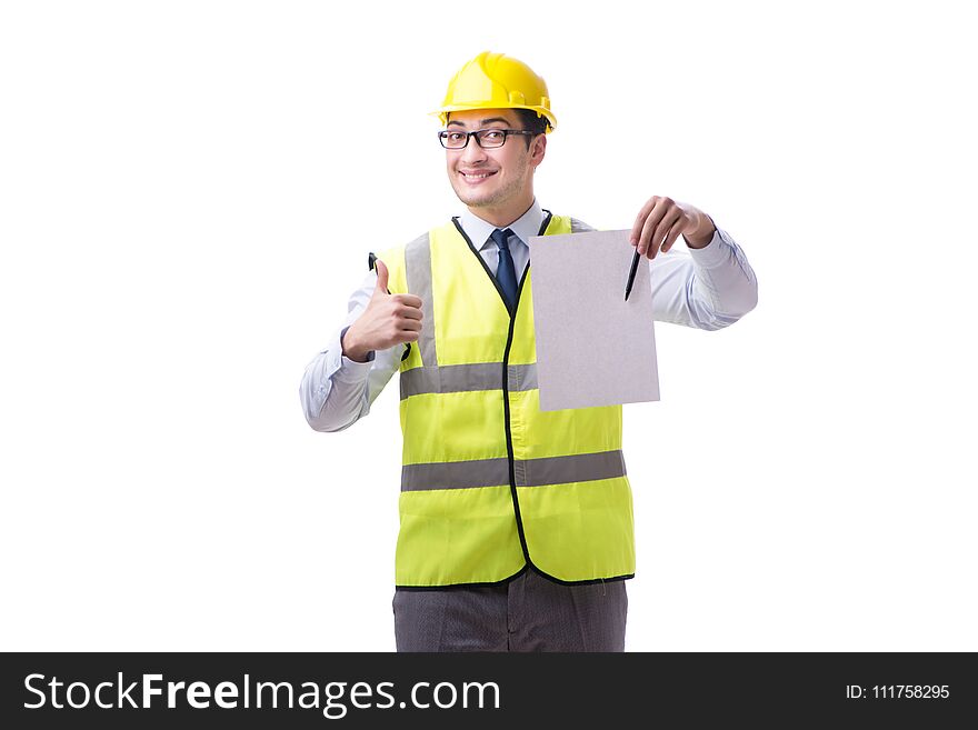 Construction supervisor with blank sheet isolated on white background
